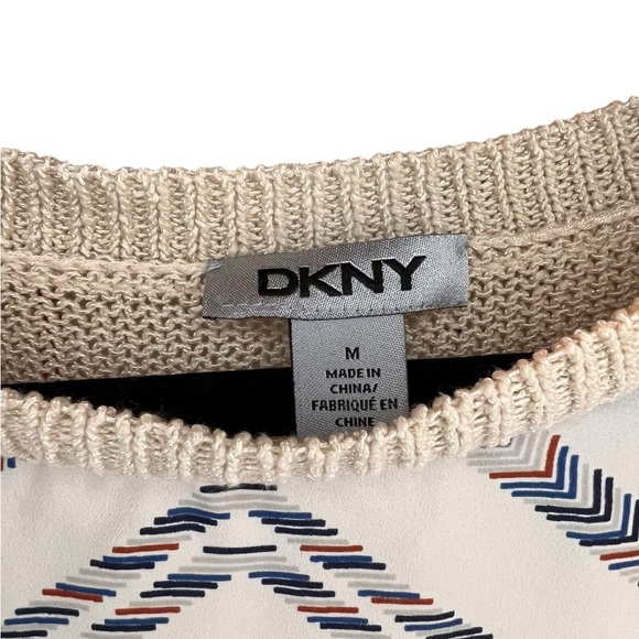 DKNY Women’s Mixed Media Top - Size Medium - Beige with Chevron Design - Picture 6 of 6